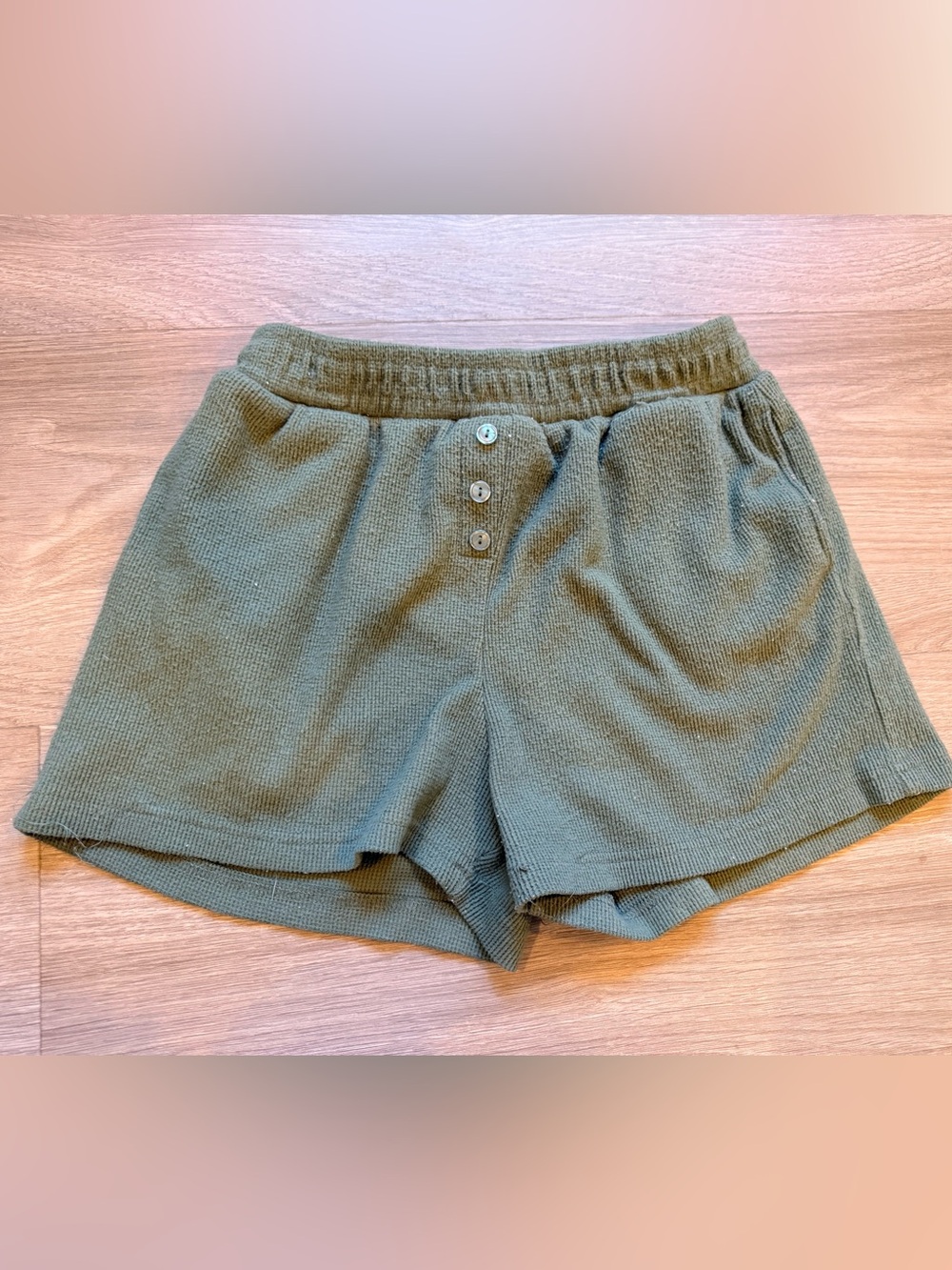 Always Olive Green Knit Lounge Shorts with Button Front